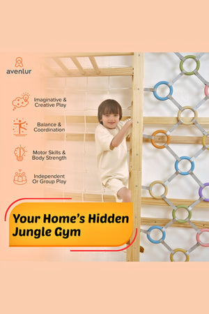 A child climbs on a wooden Avenlur Swedish ladder jungle gym, showcasing colorful rings and ropes for imaginative play, balance, and coordination, promoting motor skills and strength development indoors.