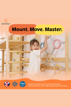 A young child interacts with a colorful climbing structure featuring rings and a wooden frame, promoting active play and coordination development. The design is by Avenlur, emphasizing safe, high-quality play.