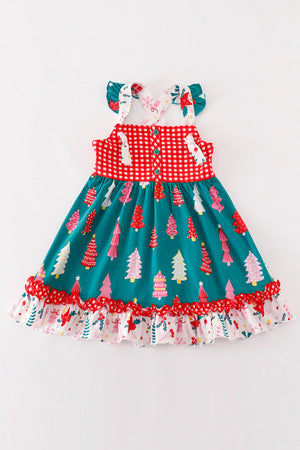 Bella's Red Christmas Tree Plaid Ruffle Dress