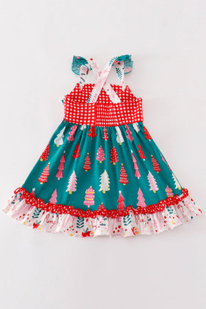 Bella's Red Christmas Tree Plaid Ruffle Dress