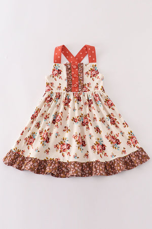 Bella's Rust Floral Apron Ruffle Dress