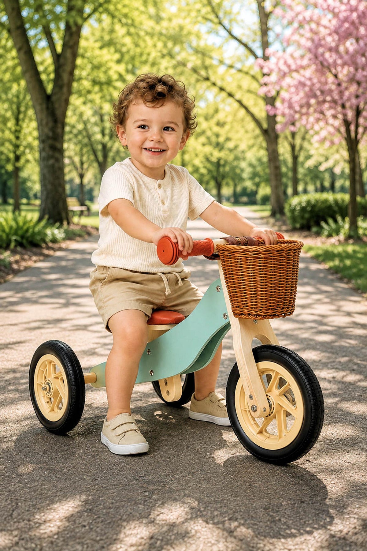 A toddler enjoys riding a mint green wooden balance bike with a wicker basket in a sunny park, surrounded by trees and blooming flowers.