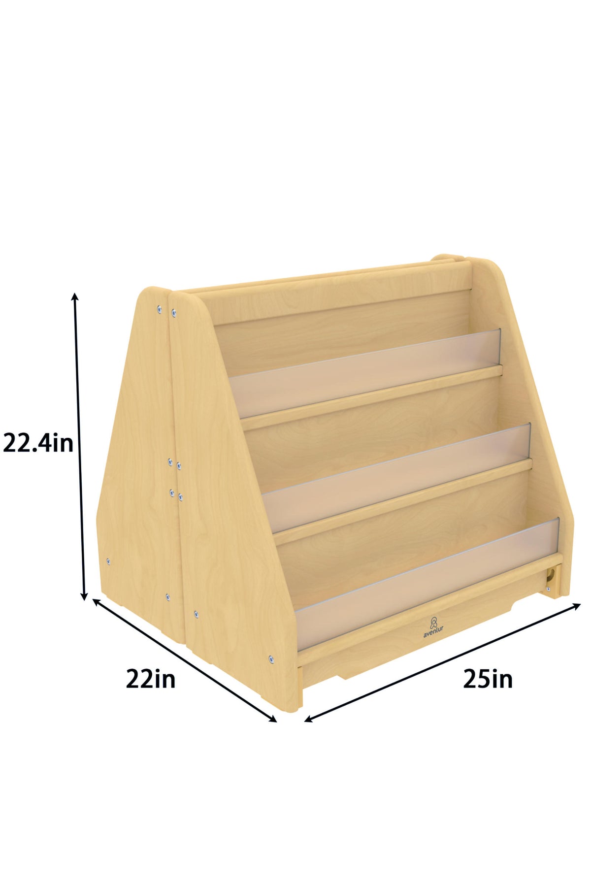 A light wood, three-tier bookshelf with a front-facing design measures 22.4 inches high and 25 inches wide. Ideal for nurseries and playrooms, it features a sustainable wooden construction.