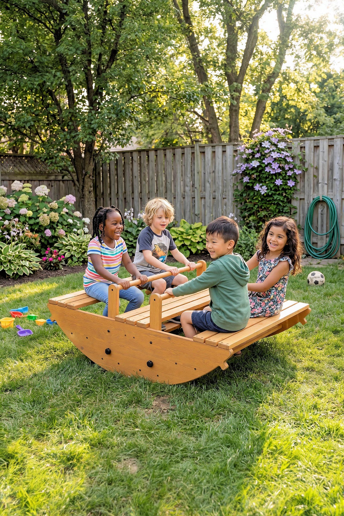 Four children play together on a large, wooden outdoor rocker in a vibrant garden setting, surrounded by blooming flowers and greenery, enjoying active play and social interaction.