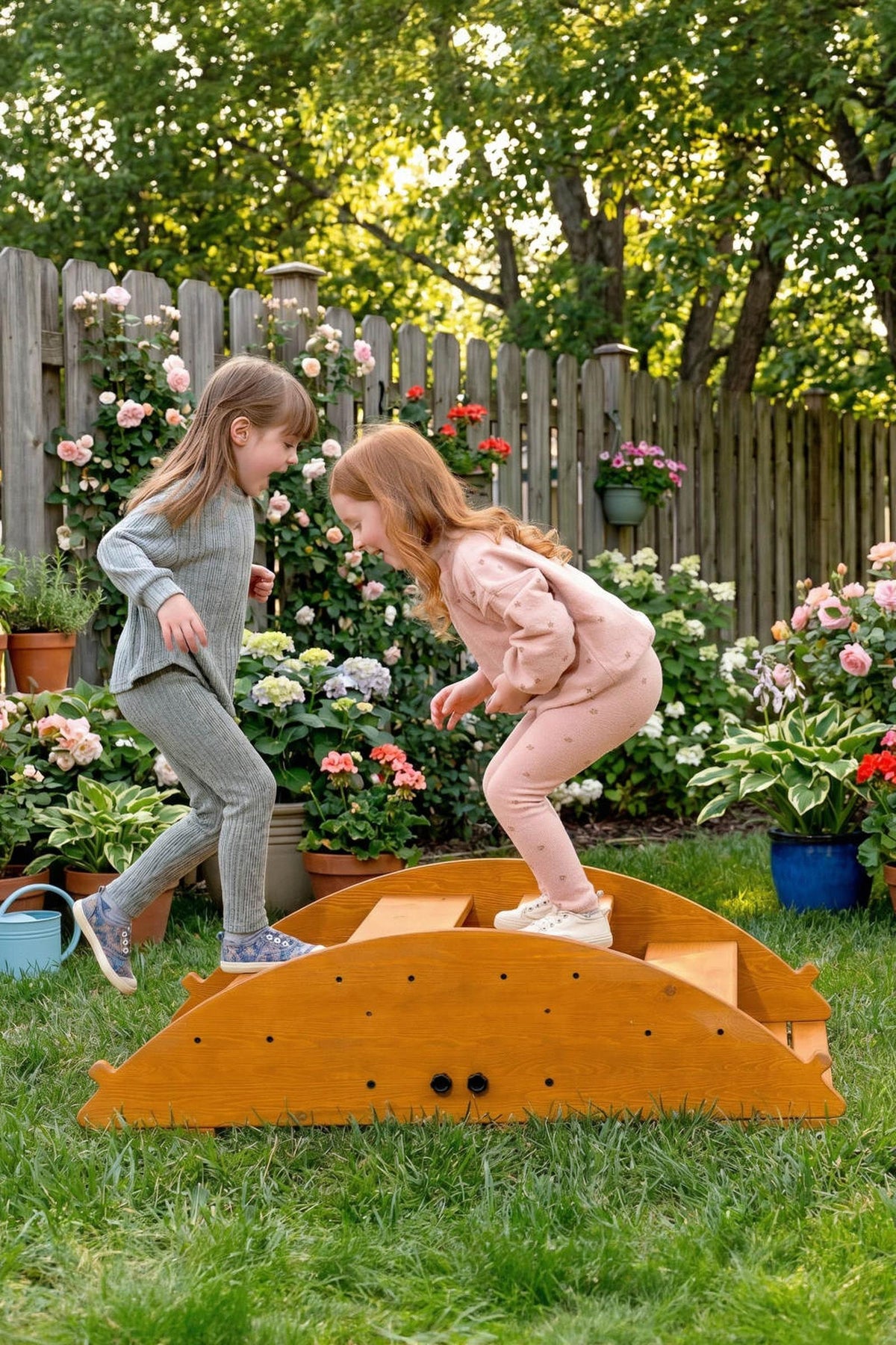 Two children play on a wooden rocker in a sunny garden, surrounded by vibrant flowers and greenery. The playset encourages active movement and balance in a natural outdoor setting.