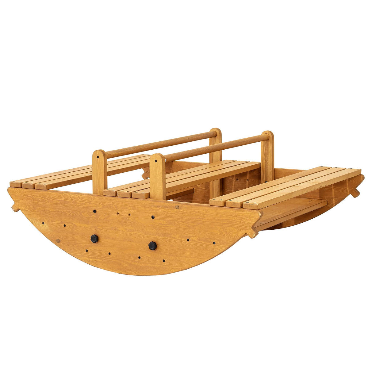 A wooden playset designed as a boat, featuring a smooth, natural finish with slatted seating and sturdy handles. Ideal for outdoor play, encouraging imaginative and active engagement for toddlers.