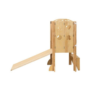 A light wooden slide and play tower features cut-out shapes and a sloped slide. Designed for toddlers, it promotes active play and independence in a safe, eco-friendly environment.