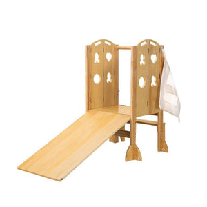 A wooden slide and play tower featuring cut-out shapes, designed for toddlers. The natural bamboo construction ensures safety and sustainability for active play and creative learning.