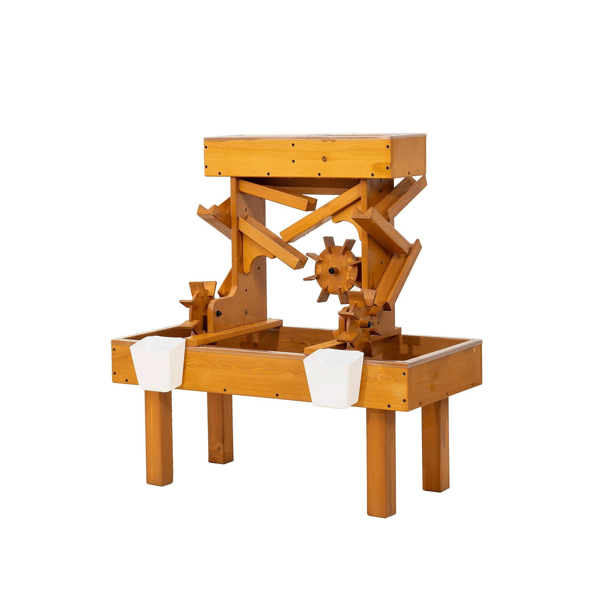 A wooden water table featuring rotating gears and channels, designed for toddlers and kids. Its sustainable construction invites sensory play and exploration of water movement.