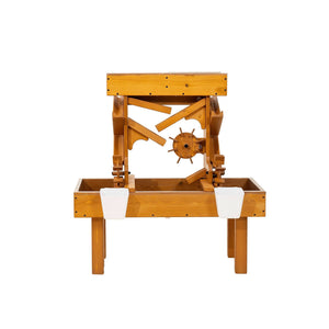 A wooden water table designed for toddlers features built-in channels and a water wheel, inviting sensory play. Its natural finish enhances outdoor exploration and promotes hands-on learning through water activities.