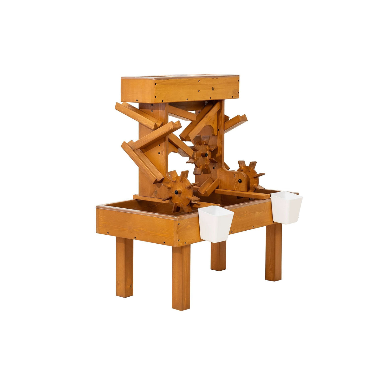 A wooden water table featuring two gear-like water wheels, designed for toddlers and kids. Its natural finish and sturdy construction promote sensory play and exploration of water movement.