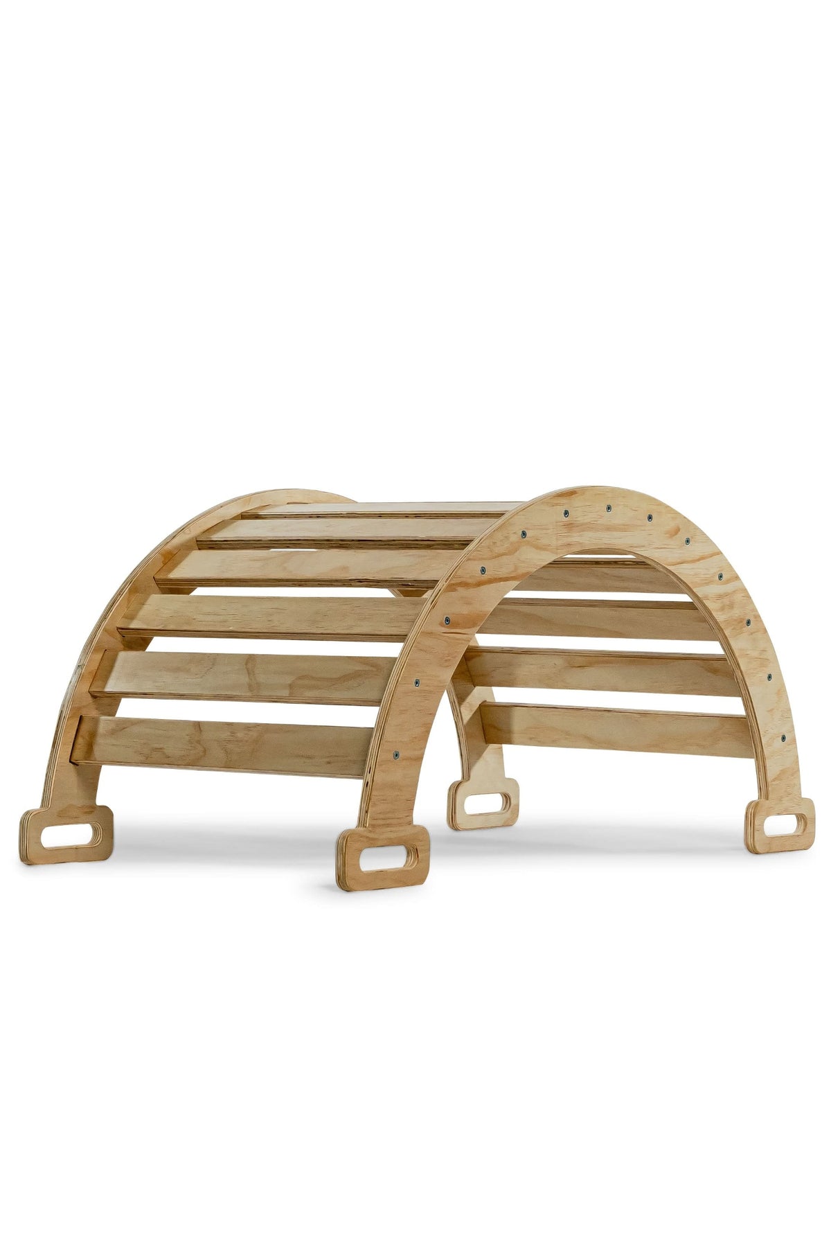 A natural wooden Pikler triangle playset features an arch design with slatted rungs for climbing. This eco-friendly structure encourages active play for toddlers and promotes physical development.