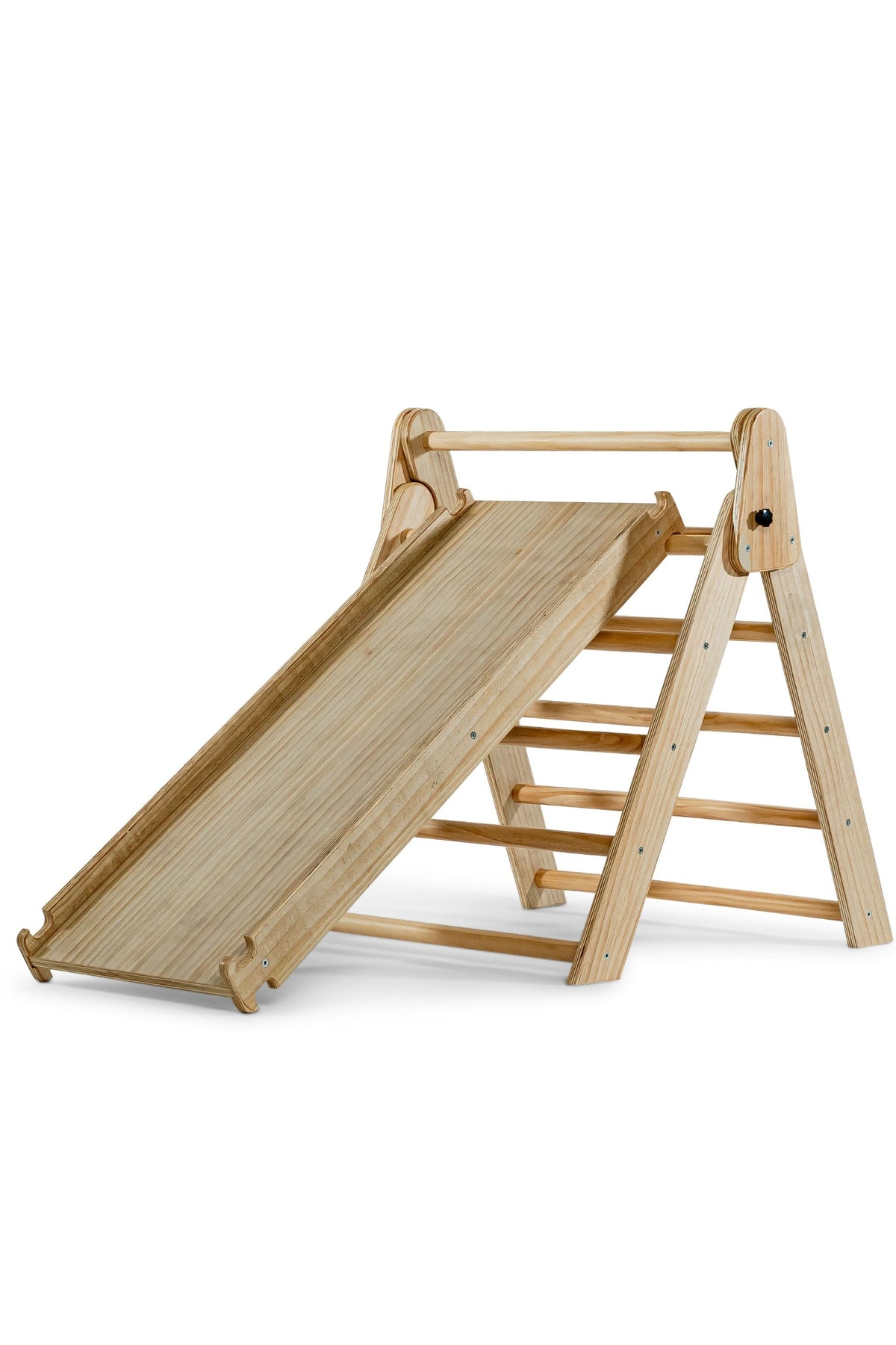 A wooden Pikler triangle playset features a natural finish with a slide attached. This eco-friendly climbing structure is designed for toddlers, promoting active play and physical development.