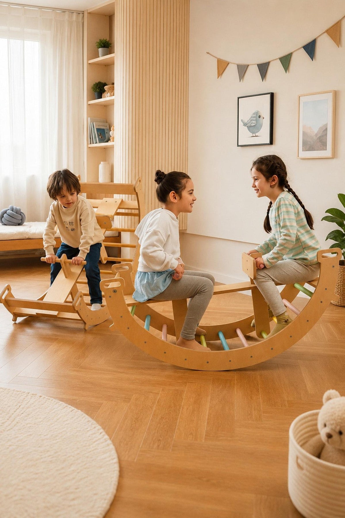 Three children play on a wooden climbing arch, with one using it as a seesaw while two sit and engage in conversation.