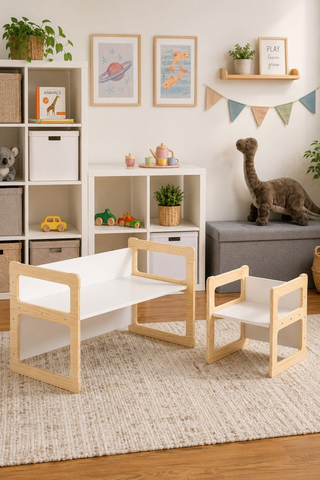 A toddler-sized chair and table set made of light wood and white surfaces, placed in a cozy playroom with colorful decor and storage boxes.