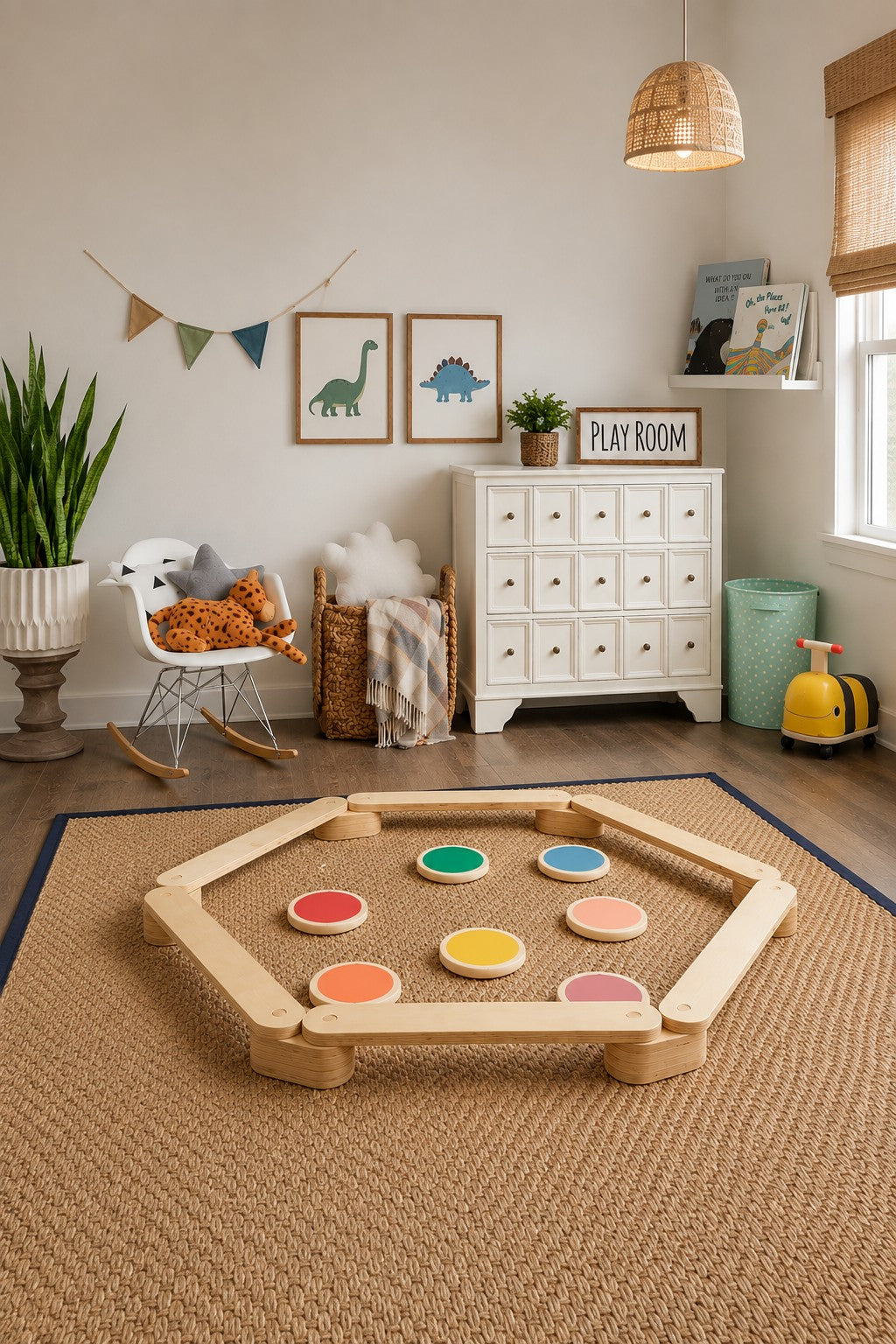 A wooden balance beam and colorful stepping stones are arranged in a cozy playroom, featuring natural light, playful decor, and a woven rug, providing an inviting space for childrens active.