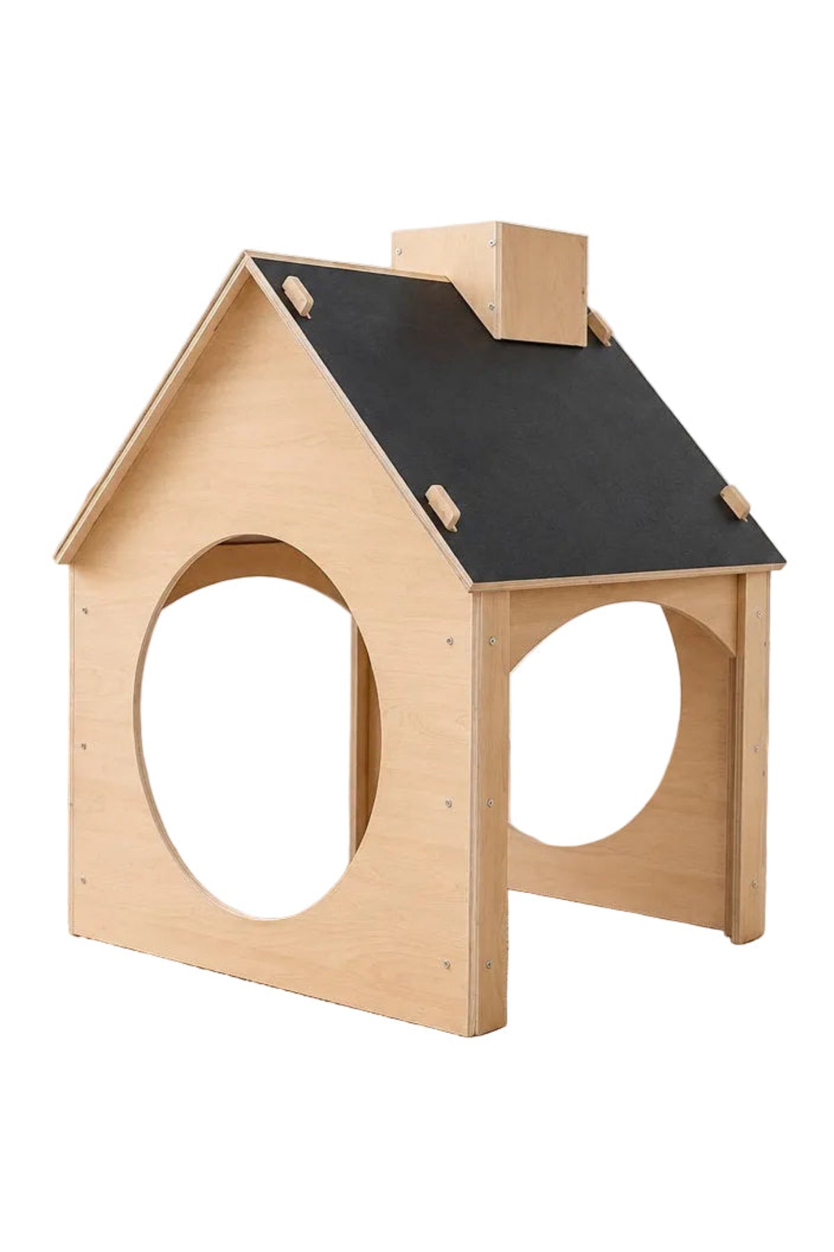 A small wooden house play structure with a natural light wood frame, circular cutout openings, and a dark charcoal roof, shown on white background