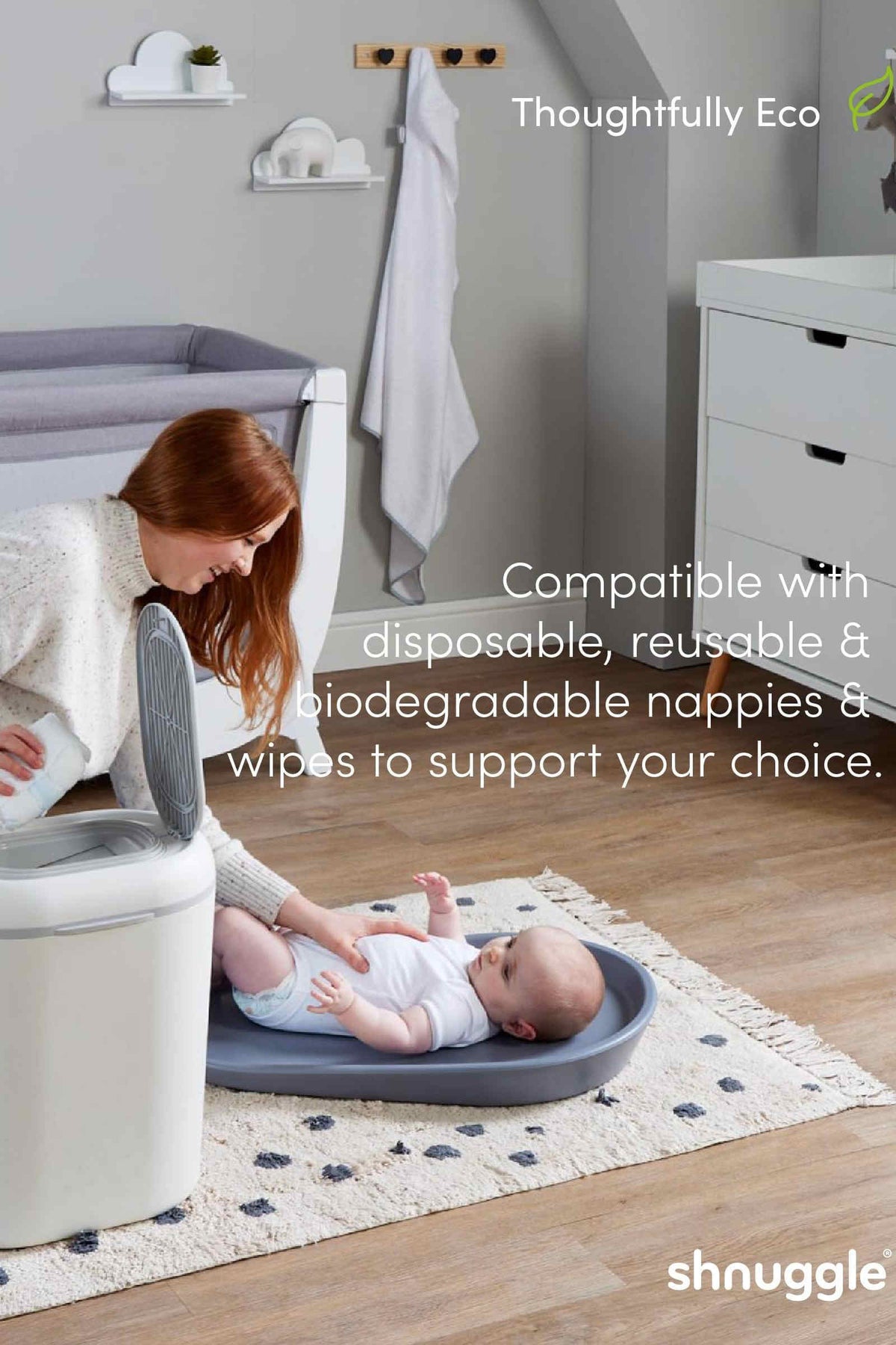 Changing Essentials Kit: Shnuggle Changing Mat + Diaper Pail + Better Bag Liners (90 Day Supply)