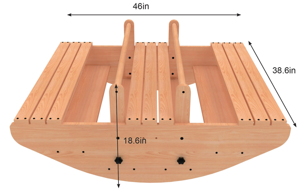 Top view of the Banyan Jumbo Rocker and Climber playset, featuring a smooth, wooden surface with slats and dual handles. Dimensions are clearly marked: 46 inches wide and 38.