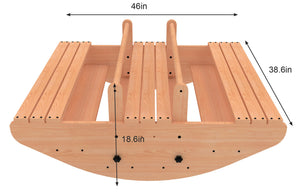 Top view of the Banyan Jumbo Rocker and Climber playset, featuring a smooth, wooden surface with slats and dual handles. Dimensions are clearly marked: 46 inches wide and 38.