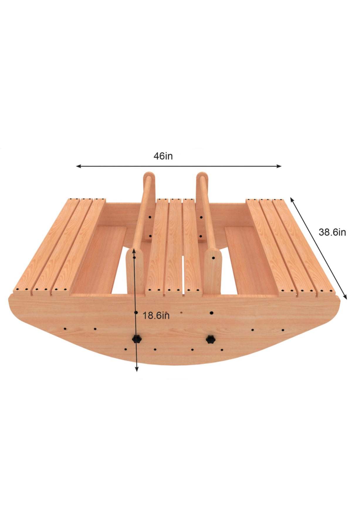 Top view of a wooden rocker and climber playset, measuring 46 inches wide and 38.6 inches tall, showcasing smooth, natural wood grain and rounded edges for safe play.