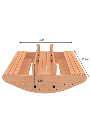 Top view of a wooden rocker and climber playset, measuring 46 inches wide and 38.6 inches tall, showcasing smooth, natural wood grain and rounded edges for safe play.