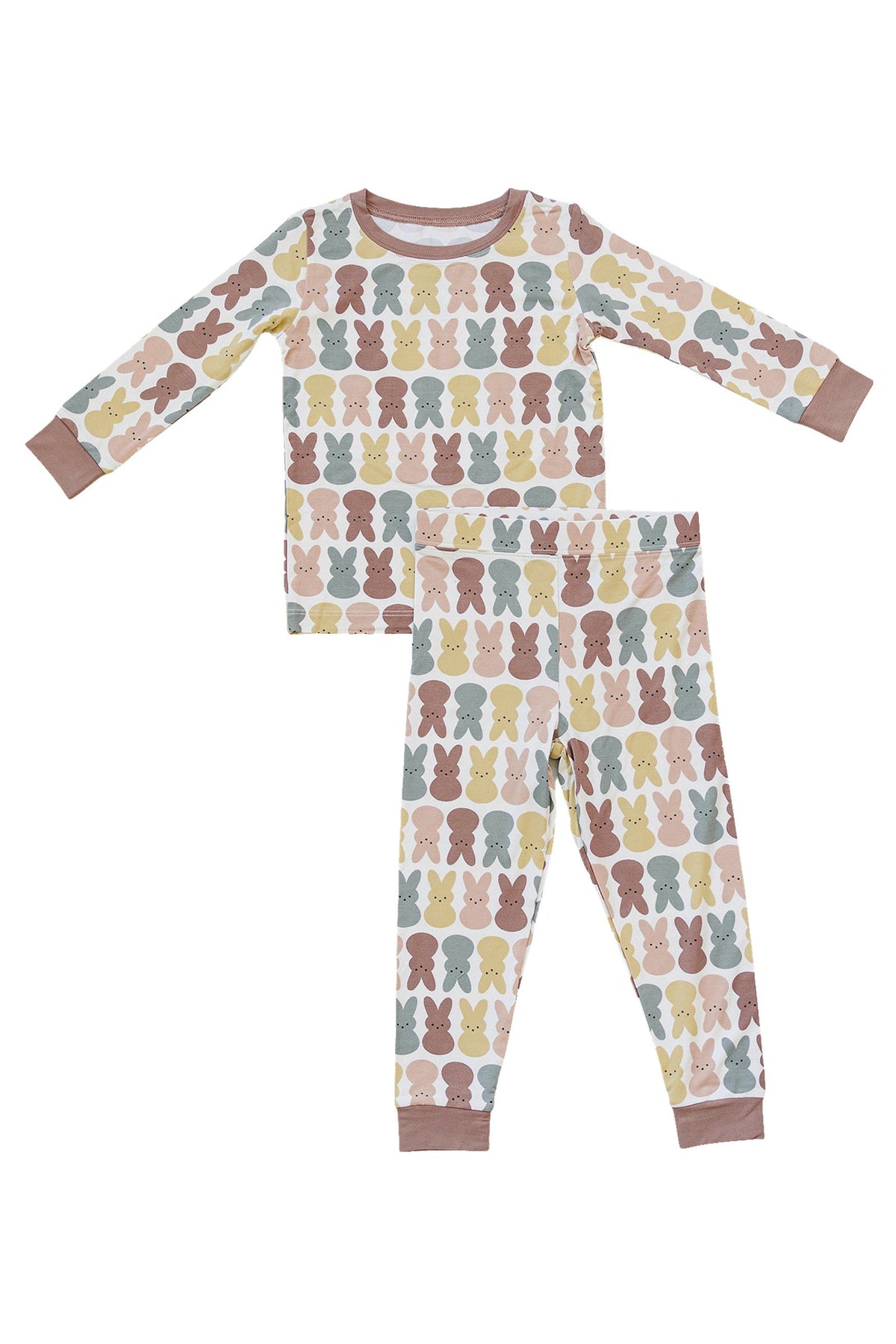 A childrens pajama set with a colorful bunny pattern in pastel hues, featuring long sleeves and cuffs.