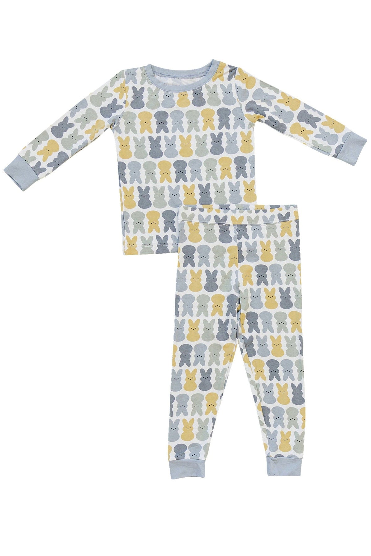 Dusty blue pajama set with a bunny pattern in blue, gray, and yellow, made of soft bamboo fabric.