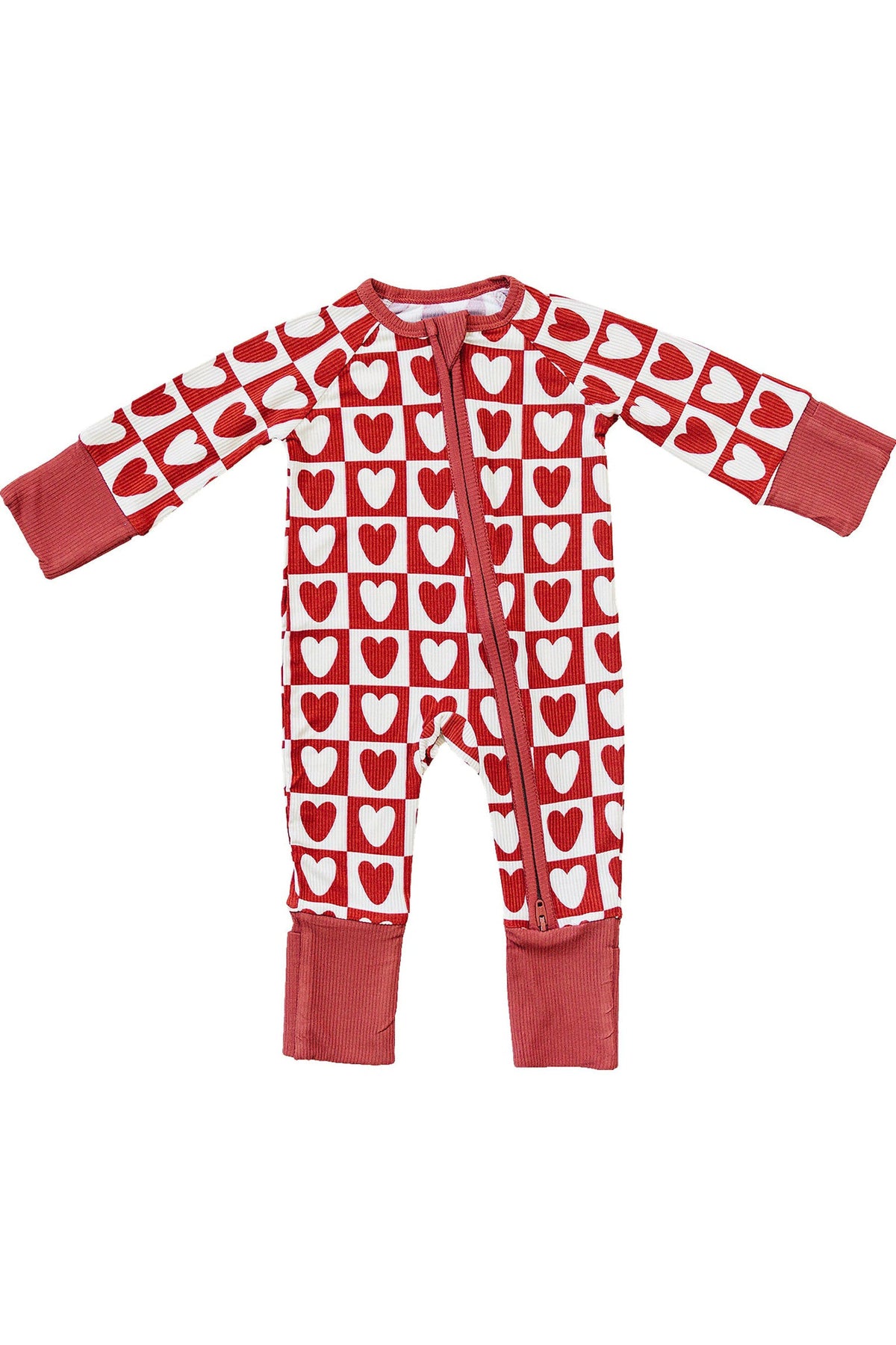 Adorable red and white checkered heart-patterned pajama made from soft bamboo fabric, featuring a convenient zipper design for easy dressing. Ideal for cozy, festive occasions for little ones.