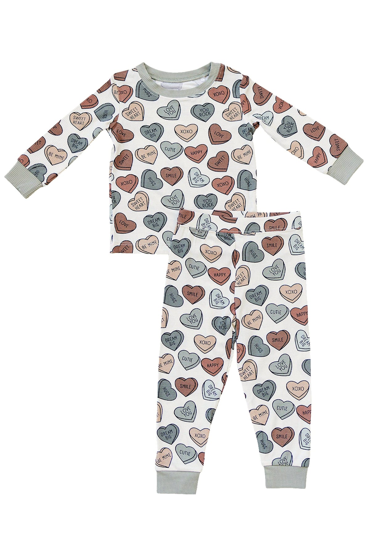 Ribbed bamboo pajama set featuring a playful heart pattern in soft colors, perfect for babies aged 6-12 months.