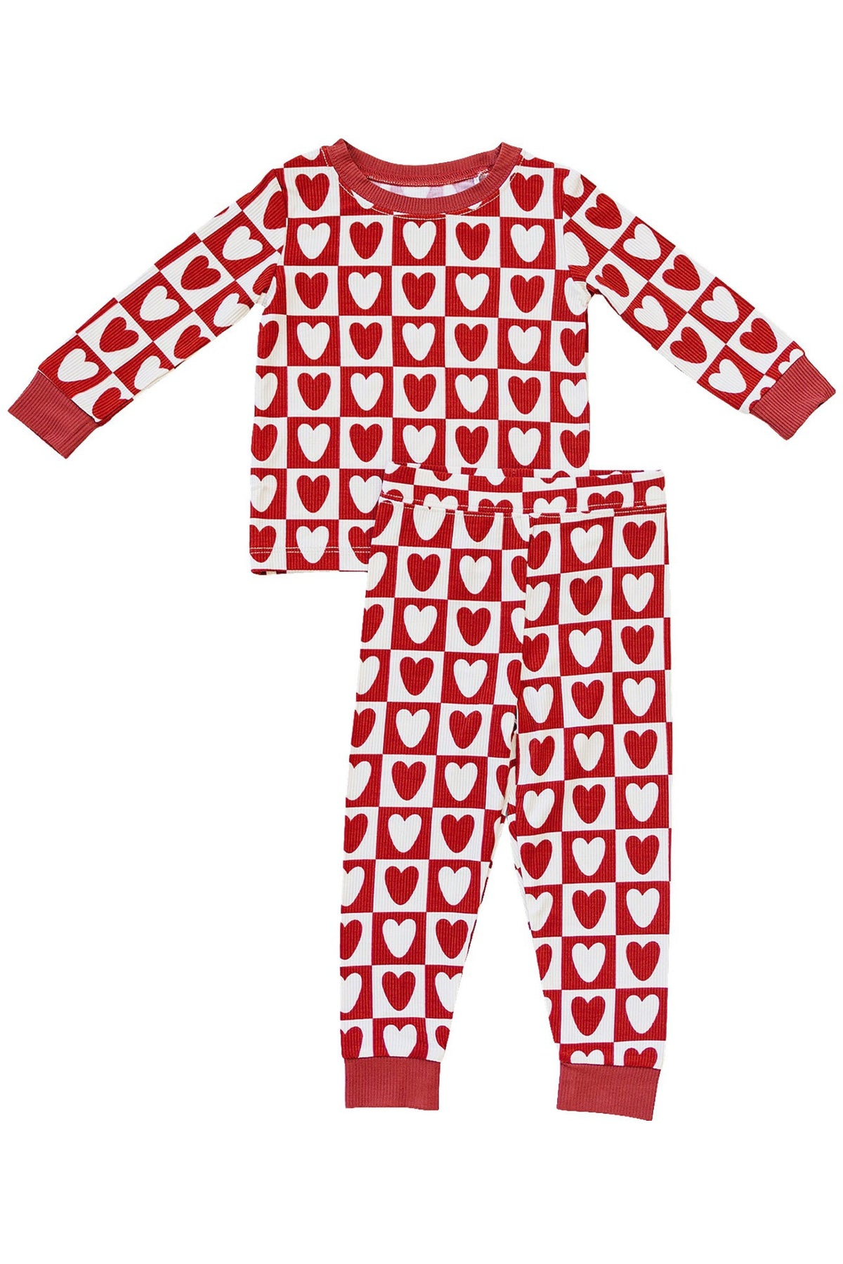 Red and white checkered pajama set featuring heart patterns, made from soft bamboo fabric, suitable for babies aged 6-12 months.