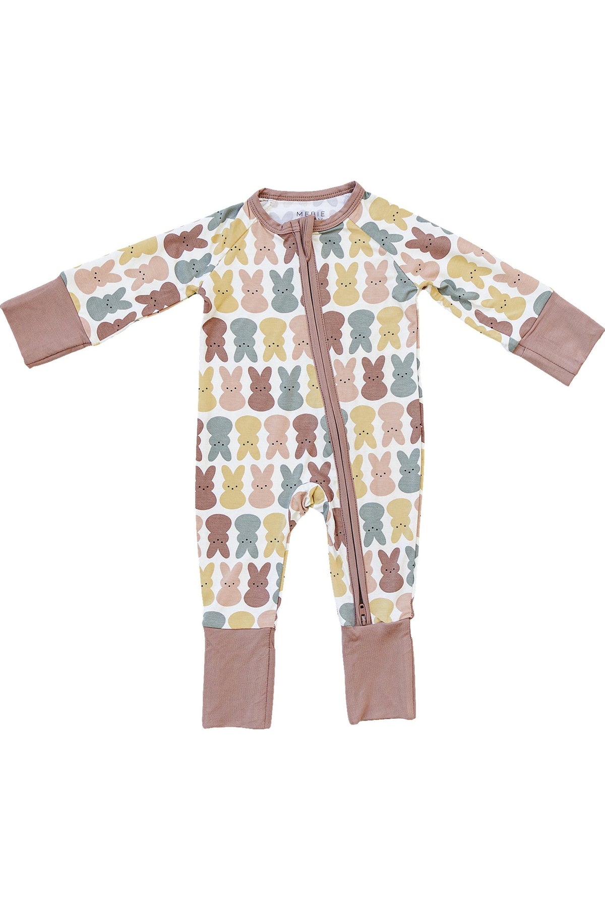 Mebie Baby zipper pajama with colorful bunny pattern, featuring dusty rose cuffs and zipper. Made from soft bamboo fabric.