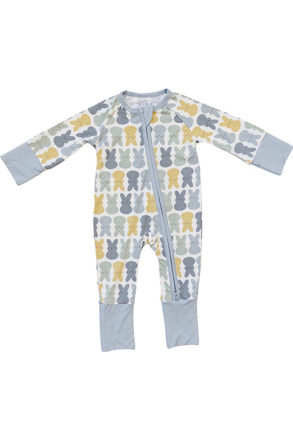 Mebie Baby Dusty Blue Bunny Pajama features a playful bunny pattern with a front zipper, made from bamboo fabric.