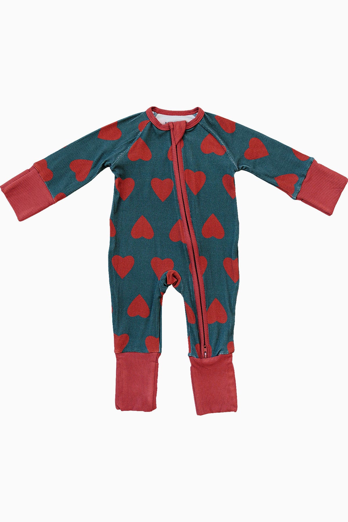 Navy ribbed pajama featuring a red heart pattern, with a front zipper and contrasting red cuffs.