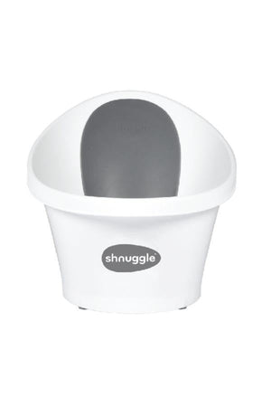 White Shnuggle baby bath with a gray backrest, featuring a compact design for newborn support and comfort.