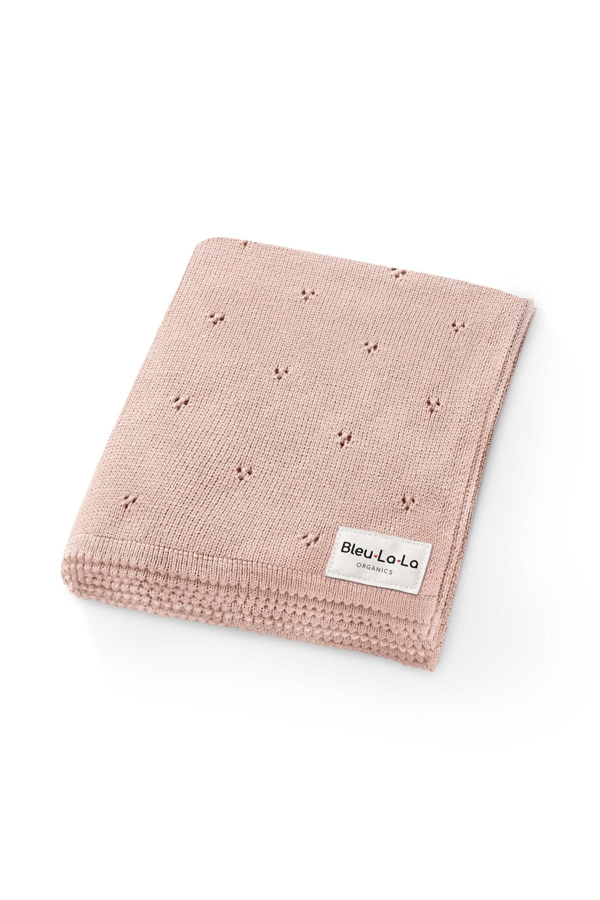 Pink knit swaddle blanket with small perforations, featuring a Bleu La La Organics label. Made from organic cotton.