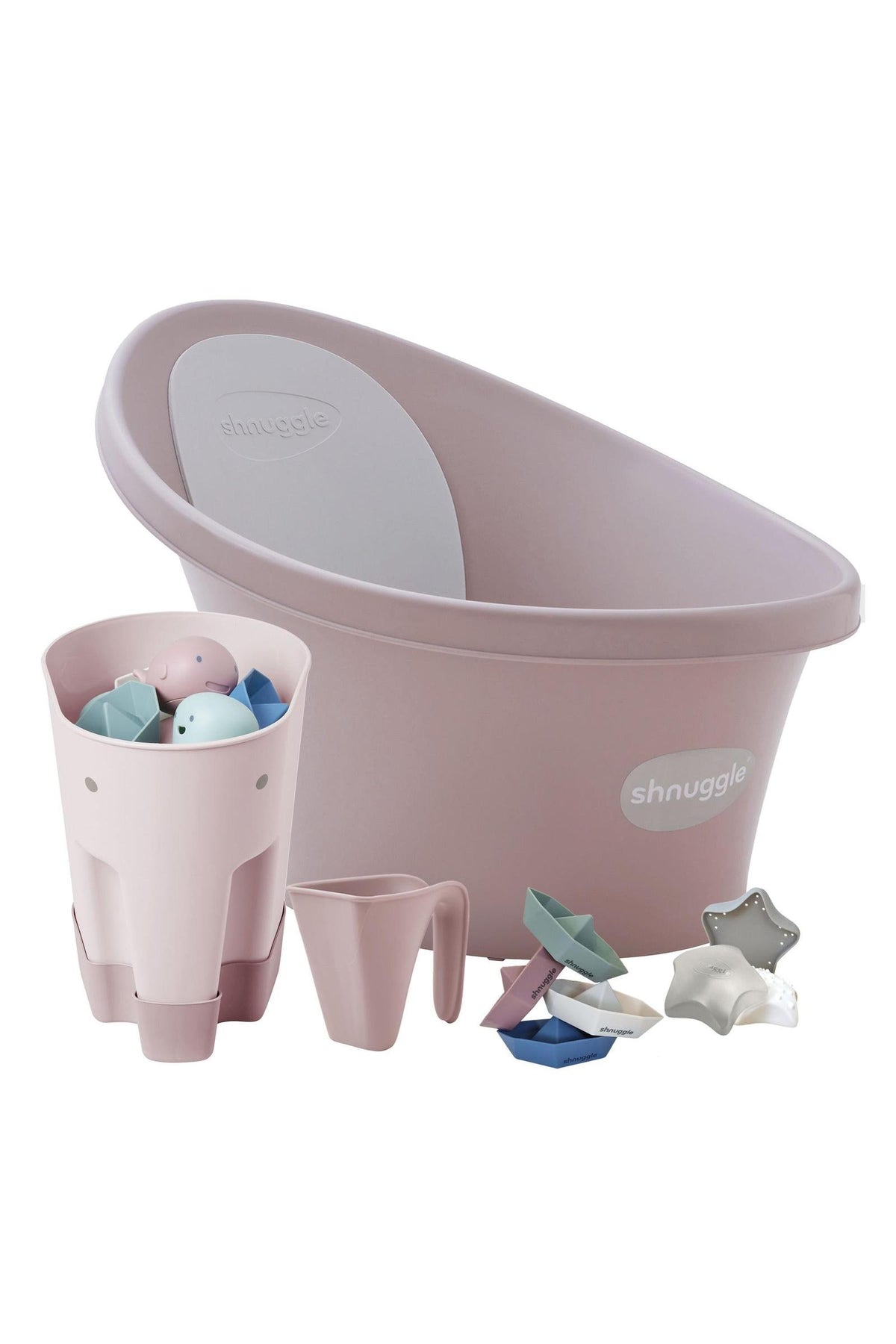 Pink Shnuggle baby bath set with bum bump support, includes toys, a jug, and an organizer.