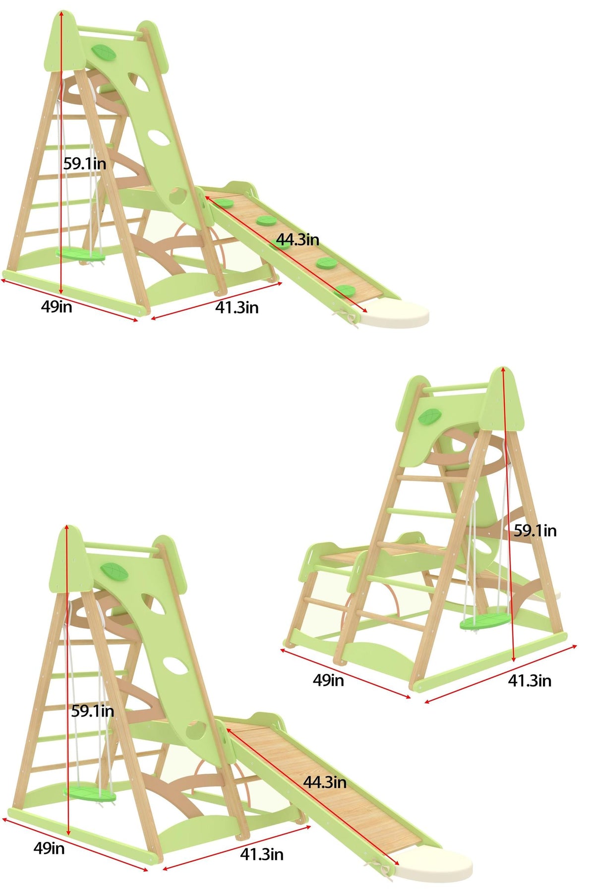 A wooden jungle gym playset features a green slide, climbing wall, and swing. It measures 59.1 inches tall, designed for toddlers active play in indoor settings.