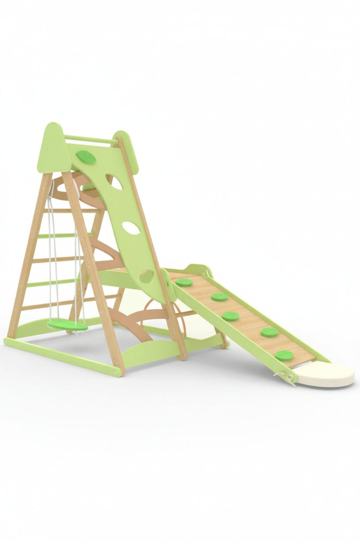 A wooden jungle gym with a green and natural wood finish features a slide, climbing wall, and swing, designed for toddlers indoor play.