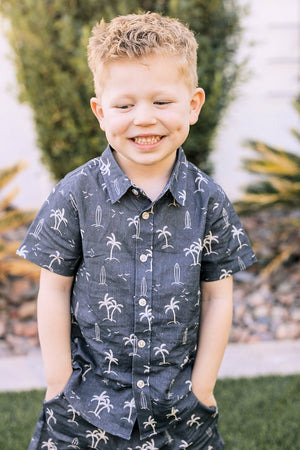 Boy Navy Surfer Linen Button Up Shirt