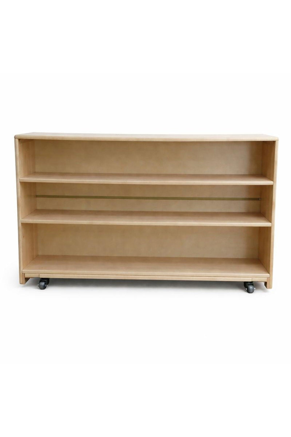 Natural wood bookshelf with a smooth matte finish features three spacious storage levels and wheels for easy mobility, perfect for organizing childrens books and toys in a playroom or bedroom.
