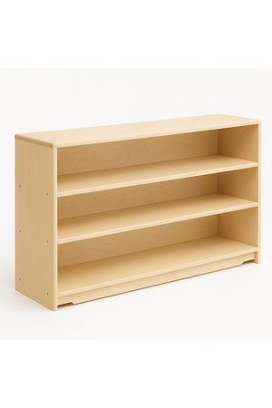 Light natural wood Montessori toy and book organizer shelf featuring three spacious storage levels, designed for kids rooms. The smooth finish and rounded edges ensure a safe, stylish storage solution.