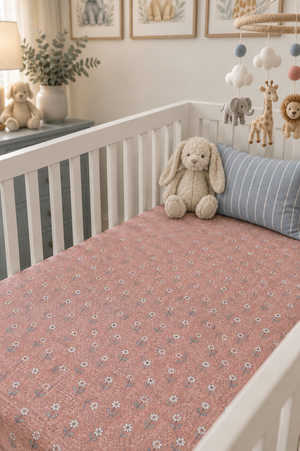 A cozy nursery setting features a vintage pink floral muslin crib sheet on a white crib, accompanied by a plush bunny and a striped pillow, enhancing the soft, inviting atmosphere.