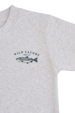 Gray cotton t-shirt with a fish graphic and Wild Caught text on the front.