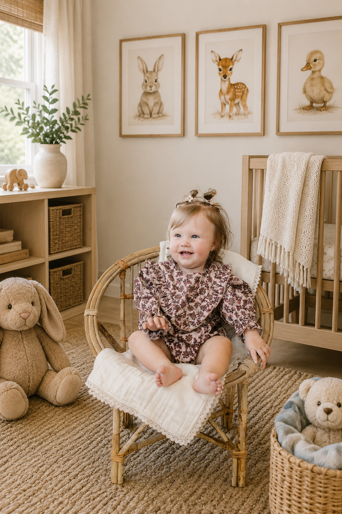 A smiling baby girl sits in a bamboo chair, wearing a vintage floral long sleeve romper.