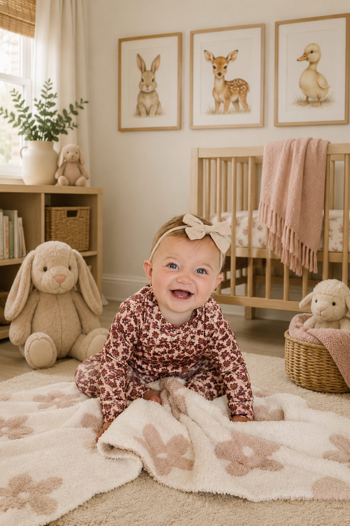 A smiling baby with a bow on her head crawls on a soft, beige blanket in a cozy nursery.