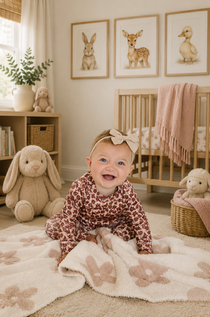 A smiling baby with a bow on her head crawls on a soft, beige blanket in a cozy nursery.