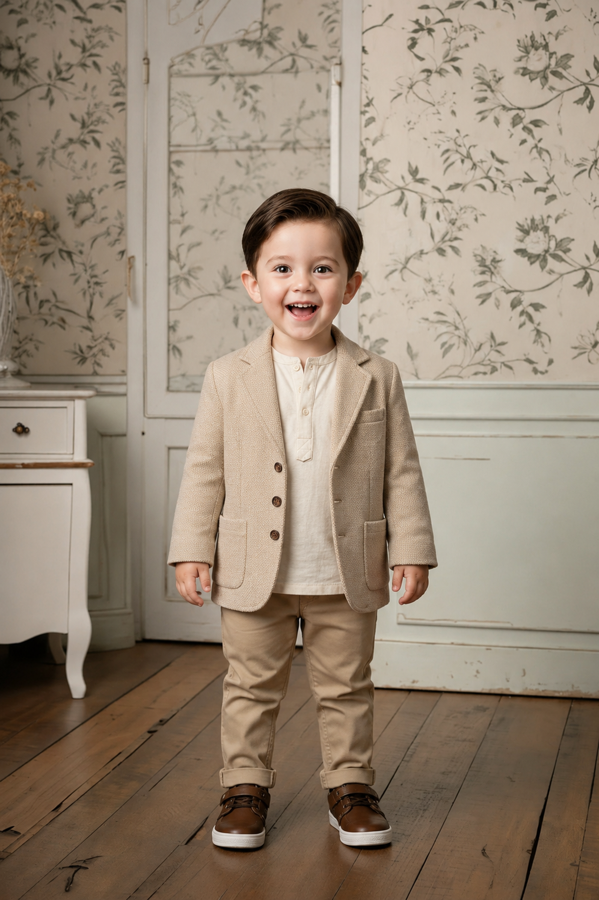 A cheerful boy stands in a stylish taupe blazer and matching trousers, smiling widely in a vintage-inspired room with floral wallpaper.