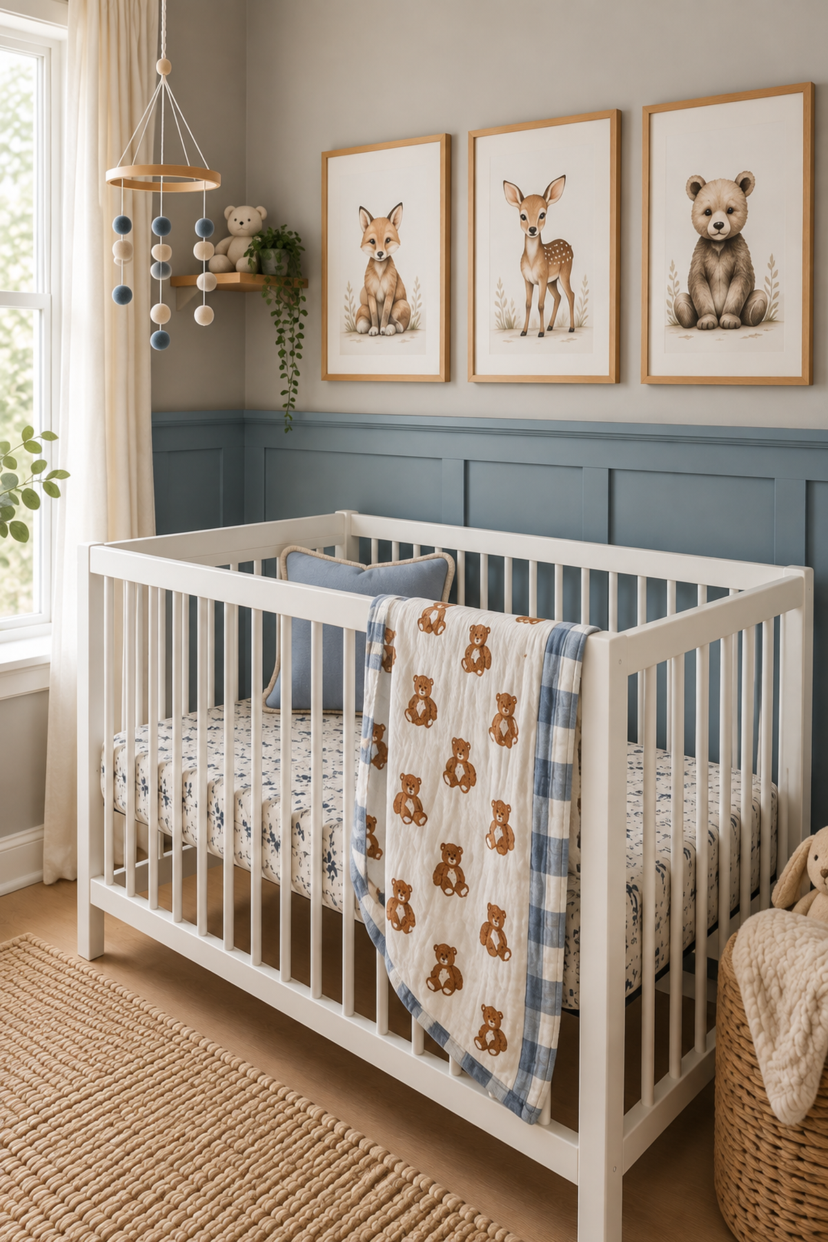 A cozy nursery features a white crib with a teddy bear quilt draped over the side, accompanied by framed animal art on the wall and soft natural light streaming through.