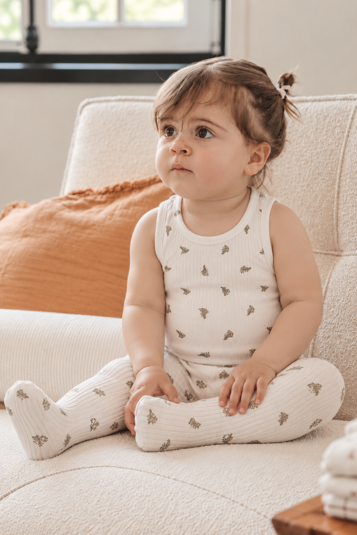 A toddler sits on a cozy sofa, wearing a white ribbed tank top featuring small green leaf patterns. The soft fabric adds comfort, perfect for warm summer days.